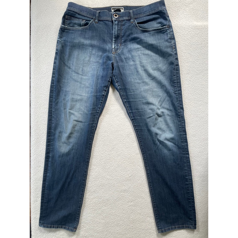 TravisMathew Mens 34 Jeans Blue Straight Leg Medium Wash Stretch Denim Whiskers‎